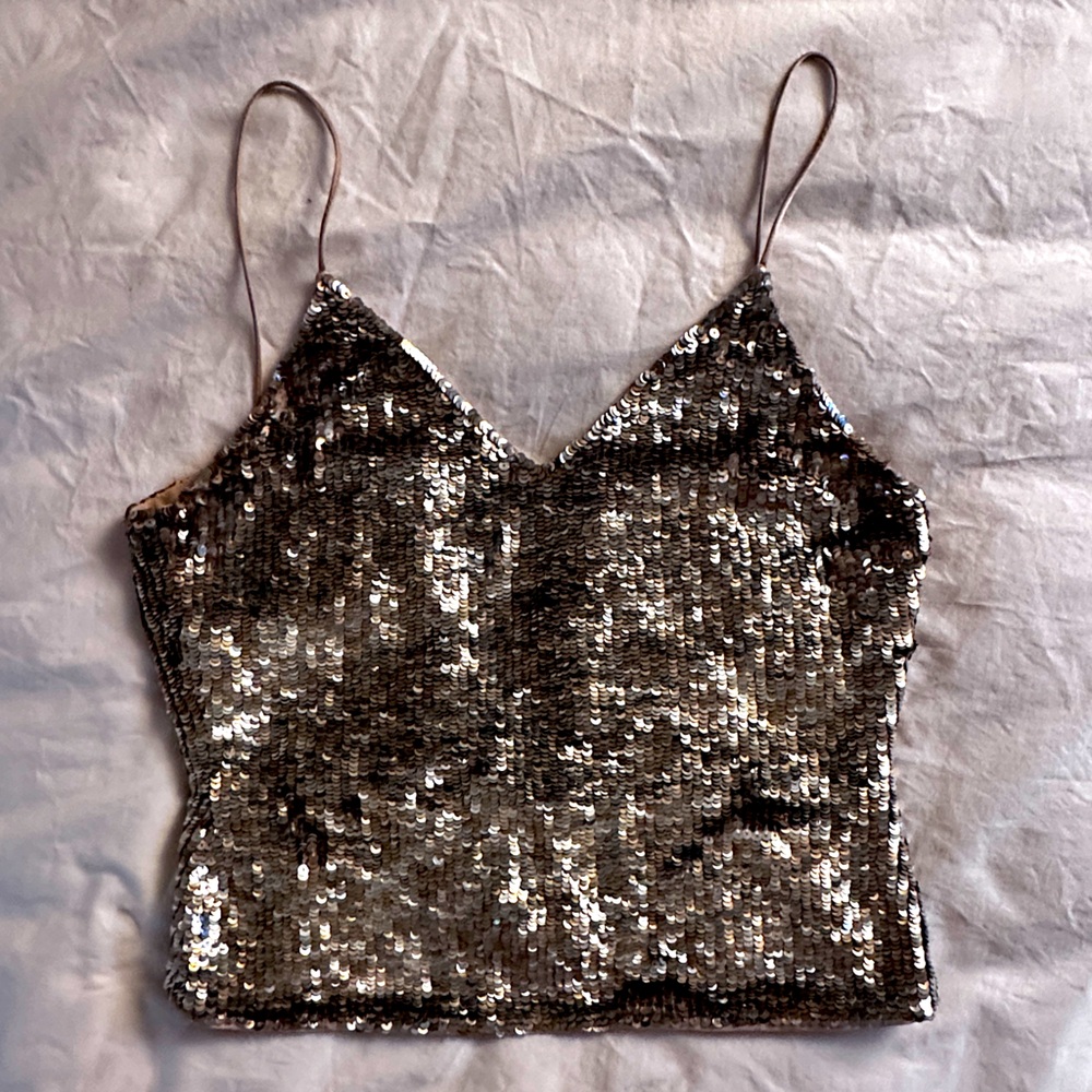 Alice and Olivia, Gold and silver sequin top. Back zip. XS